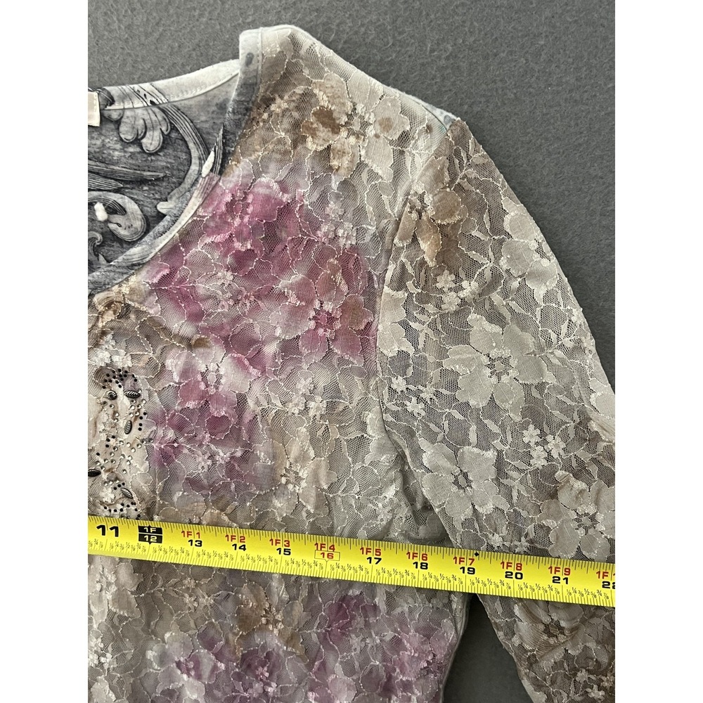 CJ Banks Women's XL Lace Overlay Floral Rhinestone 3/4 Sleeve Top Blouse Grey - Picture 5 of 6